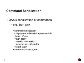 48
Command Serialization
● JAXB serialization of commands
● e.g. Start task
<command-message>
<deploymentId>test</deploymentId>
<ver>1</ver>
<start-task>
<taskId>1</taskId>
<userId>krisv</userId>
</start-task>
</command-message>
 