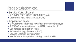 Recapitulation ctd.
 Service Control Layer
 SIP: P/I/S-CSCF, (BGCF, I-BCF, MRFC, AS)
 Diameter: HSS, (RACS/NASS, PCRF)
 Application Layer
 SIP/Diameter interface towards service control layer
 SIP/XCAP interface (based on HTTP) towards UE
 Call related application logic
 IMS service (e.g. Presence, PoC)
 Service Creation Environment
 Northbound integration through service APIs
 