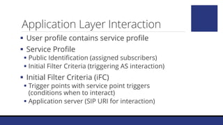 Application Layer Interaction
 User profile contains service profile
 Service Profile
 Public Identification (assigned subscribers)
 Initial Filter Criteria (triggering AS interaction)
 Initial Filter Criteria (iFC)
 Trigger points with service point triggers
(conditions when to interact)
 Application server (SIP URI for interaction)
 