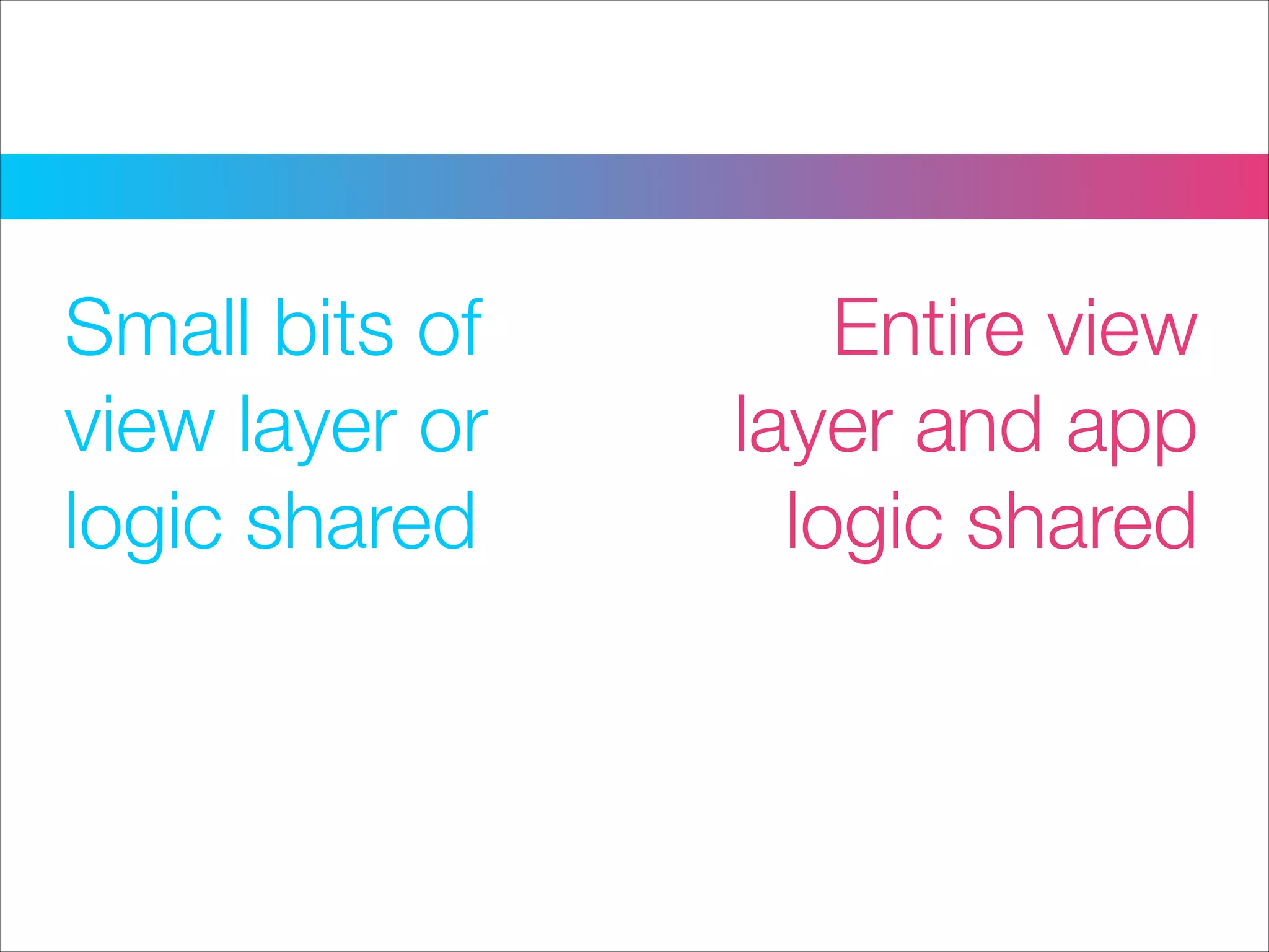 Entire view
layer and app
logic shared
Small bits of
view layer or
logic shared
 