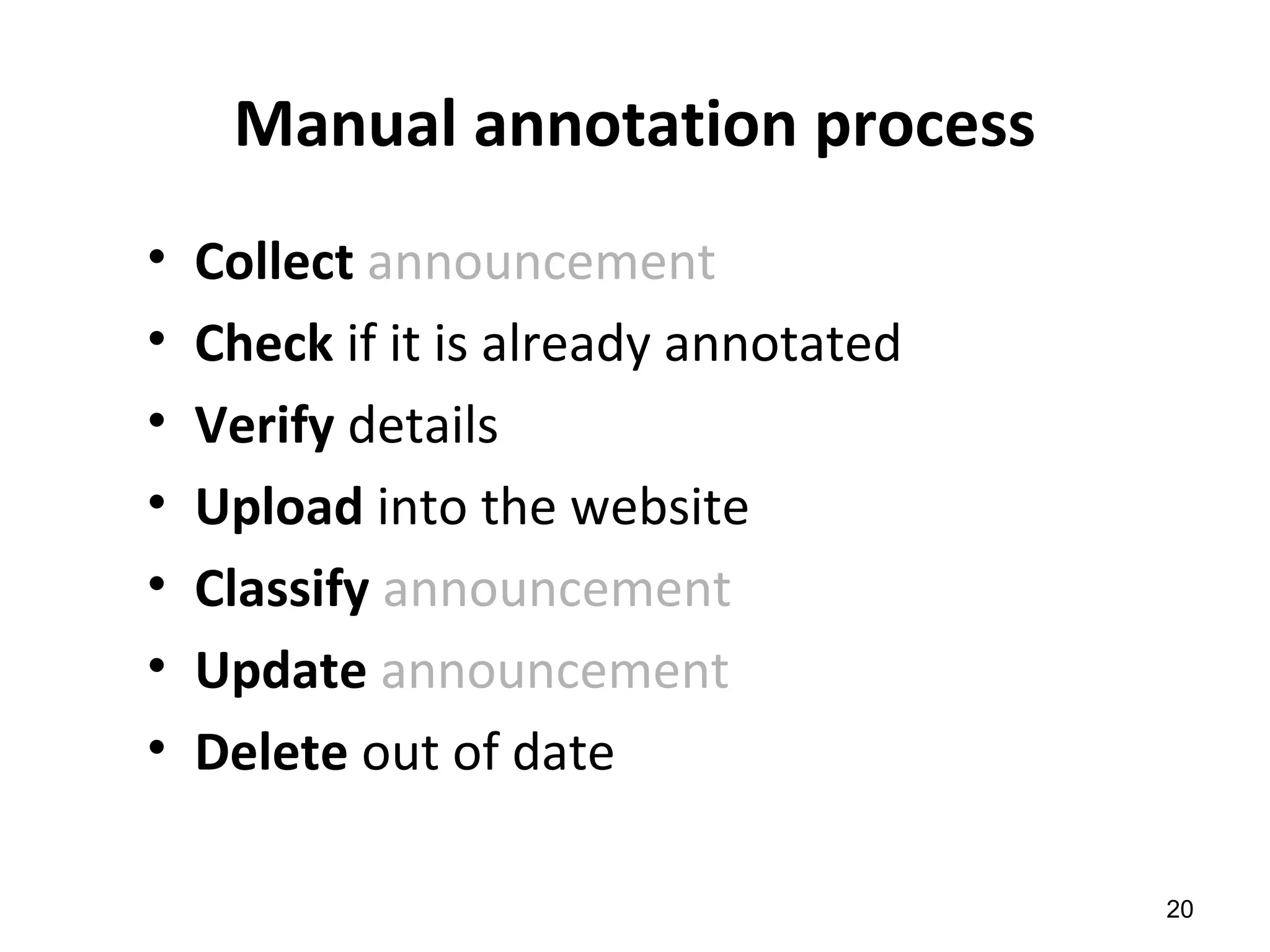 Manual annotation process
• Collect announcement
• Check if it is already annotated
• Verify details
• Upload into the website
• Classify announcement
• Update announcement
• Delete out of date
20
 
