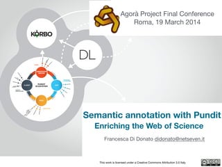 LOD
VISUALIZATIONS
DL
This work is licensed under a Creative Commons Attribution 3.0 Italy
Semantic annotation with Pundit
Enriching the Web of Science
Francesca Di Donato didonato@netseven.it

Agorà Project Final Conference

Roma, 19 March 2014
 