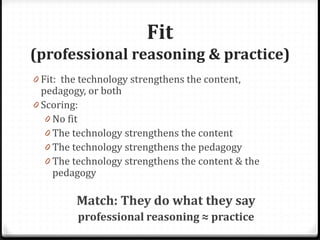 Fit
(professional reasoning & practice)
0 Fit: the technology strengthens the content,
pedagogy, or both
0 Scoring:
0 No fit
0 The technology strengthens the content
0 The technology strengthens the pedagogy
0 The technology strengthens the content & the
pedagogy
Match: They do what they say
professional reasoning ≈ practice
 