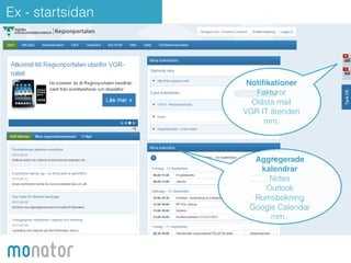 Ex - startsidan 
Notifikationer! 
Fakturor 
Olästa mail 
VGR IT ärenden 
mm. 
Aggregerade 
kalendrar! 
Notes 
Outlook 
Rumsbokning 
Google Calendar 
mm.. 
 
