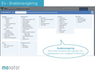 Ex - Snabbnavigering 
Snabbnavigering! 
Ger enkel överblick över tjänster och 
applikationer och möjlighet till filtrering 
 