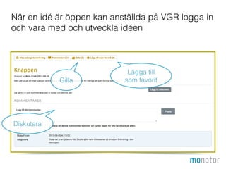 När en idé är öppen kan anställda på VGR logga in 
och vara med och utveckla idéen 
Gilla 
Diskutera 
Lägga till 
som favorit 
 