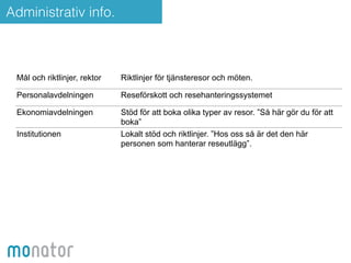 Administrativ info. 
Mål och riktlinjer, rektor Riktlinjer för tjänsteresor och möten. 
Personalavdelningen Reseförskott och resehanteringssystemet 
Ekonomiavdelningen Stöd för att boka olika typer av resor. ”Så här gör du för att 
boka” 
Institutionen Lokalt stöd och riktlinjer. ”Hos oss så är det den här 
personen som hanterar reseutlägg”. 
 