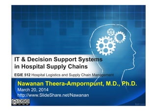 IT & Decision Support Systems
in Hospital Supply Chains
EGIE 512 Hospital Logistics and Supply Chain Management
Nawanan Theera-Ampornpunt, M.D., Ph.D.
March 20, 2014
http://www.SlideShare.net/Nawanan
 