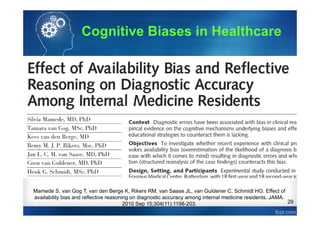 29
Mamede S, van Gog T, van den Berge K, Rikers RM, van Saase JL, van Guldener C, Schmidt HG. Effect of
availability bias and reflective reasoning on diagnostic accuracy among internal medicine residents. JAMA.
2010 Sep 15;304(11):1198-203.
Cognitive Biases in Healthcare
 