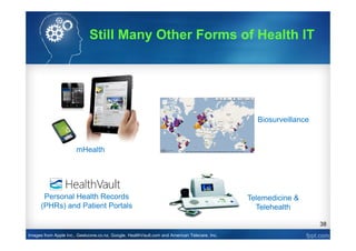38
mHealth
Biosurveillance
Telemedicine &
Telehealth
Images from Apple Inc., Geekzone.co.nz, Google, HealthVault.com and American Telecare, Inc.
Personal Health Records
(PHRs) and Patient Portals
Still Many Other Forms of Health IT
 