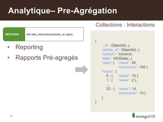 19
Analytique– Pre-Agrégation
• Reporting
• Rapports Pré-agregés
{
„_id‟ : ObjectId(..),
„article_id‟ : ObjectId(..),
„section‟ : „schema‟,
„date‟ : ISODate(..),
„daily‟: { „views‟ : 45,
„comments‟ : 150 }
„hours‟ : {
0 : { „views‟ : 10 },
1 : { „views‟ : 2 },
…
23 : { „views‟ : 14,
„comments‟ : 10 }
}
}
Collections : Interactions
METHODE def add_interaction(article_id, type):
 