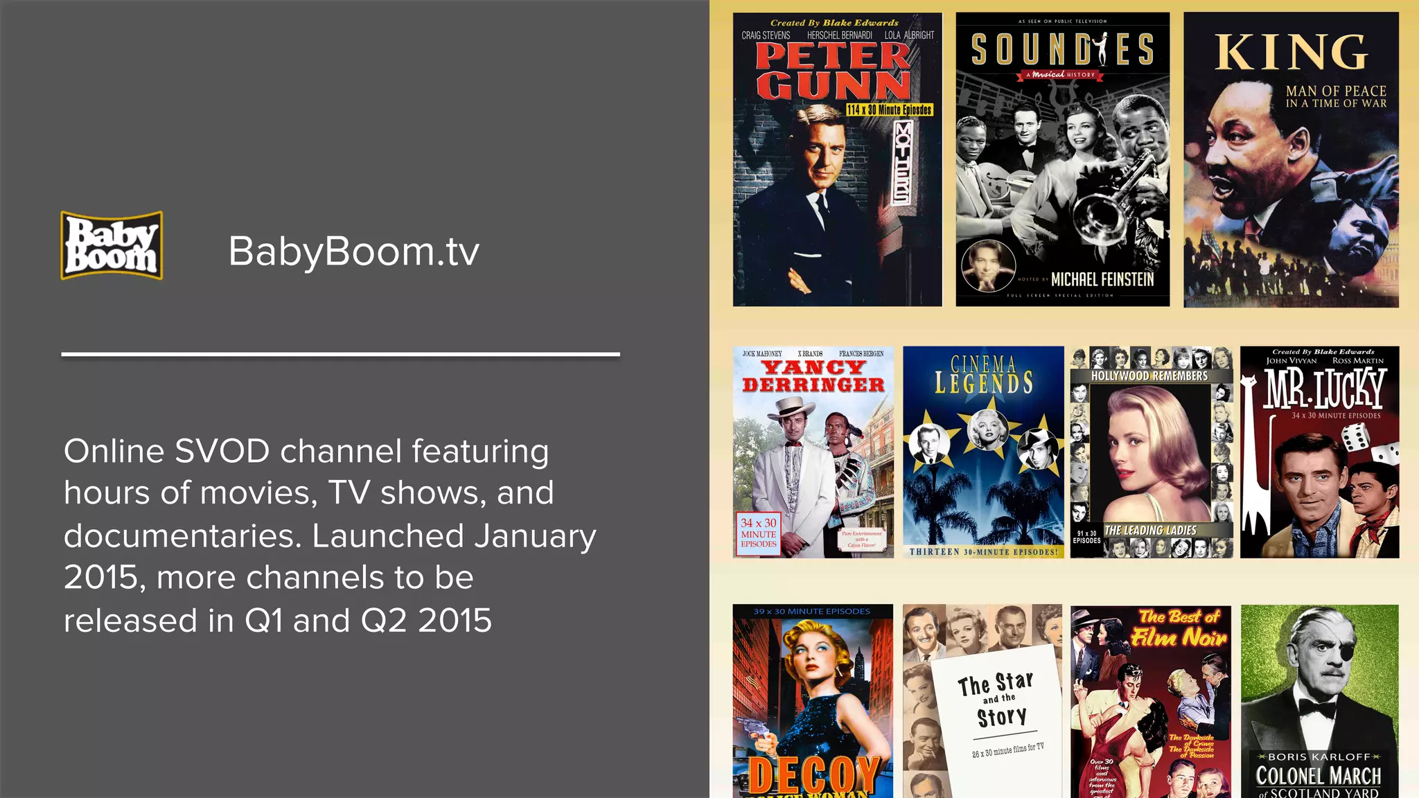 BabyBoom.tv
Online SVOD channel featuring
hours of movies, TV shows, and
documentaries. Launched January
2015, more channels to be
released in Q1 and Q2 2015
 