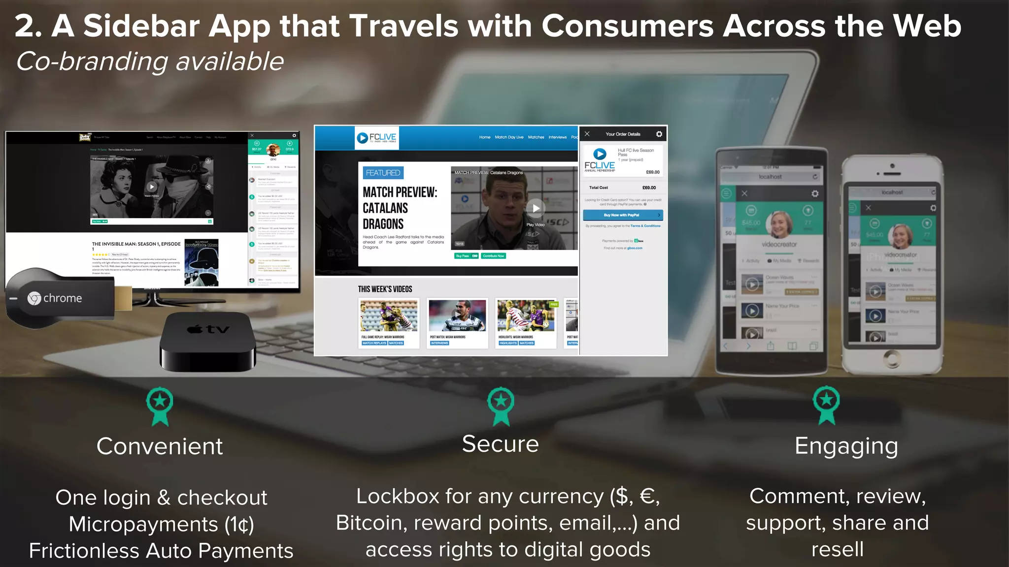 2. A Sidebar App that Travels with Consumers Across the Web
Co-branding available
Lockbox for any currency ($, €,
Bitcoin, reward points, email,…) and
access rights to digital goods
Comment, review,
support, share and
resell
One login & checkout
Micropayments (1¢)
Frictionless Auto Payments
Convenient	
   Secure Engaging
 