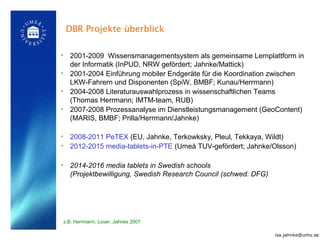 • 2001-2009 Wissensmanagementsystem als gemeinsame Lernplattform in
der Informatik (InPUD, NRW gefördert; Jahnke/Mattick)
...