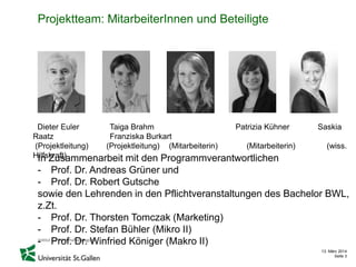 13. März 2014
Seite 3
Projektteam: MitarbeiterInnen und Beteiligte
Dieter Euler Taiga Brahm Patrizia Kühner Saskia
Raatz Franziska Burkart
(Projektleitung) (Projektleitung) (Mitarbeiterin) (Mitarbeiterin) (wiss.
Hilfskraft)In Zusammenarbeit mit den Programmverantwortlichen
- Prof. Dr. Andreas Grüner und
- Prof. Dr. Robert Gutsche
sowie den Lehrenden in den Pflichtveranstaltungen des Bachelor BWL,
z.Zt.
- Prof. Dr. Thorsten Tomczak (Marketing)
- Prof. Dr. Stefan Bühler (Mikro II)
- Prof. Dr. Winfried Königer (Makro II)
 