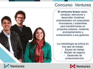 Concurso Ventures
EMPRENDE.
SUEÑA CON
LOS PIES
EN LA
TIERRA
El concurso busca captar,
canalizar, estructurar y
desarrollar...
