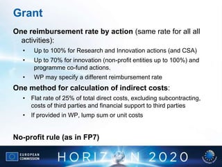 Grant
One reimbursement rate by action (same rate for all all
activities):
• Up to 100% for Research and Innovation actions (and CSA)
• Up to 70% for innovation (non-profit entities up to 100%) and
programme co-fund actions.
• WP may specify a different reimbursement rate
One method for calculation of indirect costs:
• Flat rate of 25% of total direct costs, excluding subcontracting,
costs of third parties and financial support to third parties
• If provided in WP, lump sum or unit costs
No-profit rule (as in FP7)
 