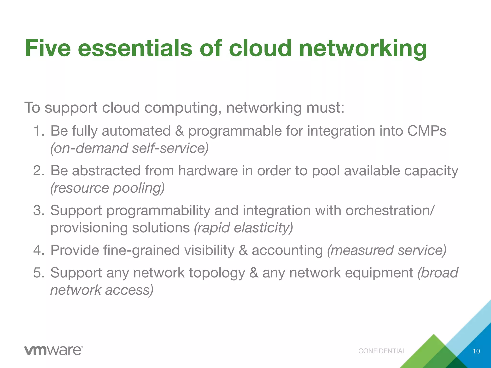 CONFIDENTIAL
Five essentials of cloud networking
To support cloud computing, networking must:
1. Be fully automated & programmable for integration into CMPs
(on-demand self-service)
2. Be abstracted from hardware in order to pool available capacity
(resource pooling)
3. Support programmability and integration with orchestration/
provisioning solutions (rapid elasticity)
4. Provide ﬁne-grained visibility & accounting (measured service)
5. Support any network topology & any network equipment (broad
network access)
10
 