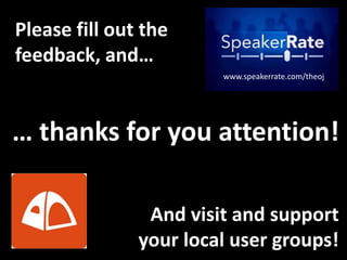 … more References
Resharper
http://www.jetbrains.com/resharper/
FxCop / Code Analysis
http://msdn.microsoft.com/en-us/library/bb429476(VS.80).aspx
http://blogs.msdn.com/b/codeanalysis/
http://www.binarycoder.net/fxcop/index.html
Code Contracts
http://msdn.microsoft.com/en-us/devlabs/dd491992
http://research.microsoft.com/en-us/projects/contracts/
Fakes (Previous Moles & Pex)
http://www.richonsoftware.com/post/2012/04/20/Comparing-Microsoft
-Moles-in-Visual-Studio-2010-to-Microsoft-Fakes-in-Visual-Studio-11.aspx
http://research.microsoft.com/en-us/projects/pex/
StyleCop
http://stylecop.codeplex.com/
Ghostdoc
http://submain.com/products/ghostdoc.aspx
Spellchecker
http://visualstudiogallery.msdn.microsoft.com/
7c8341f1-ebac-40c8-92c2-476db8d523ce//
 