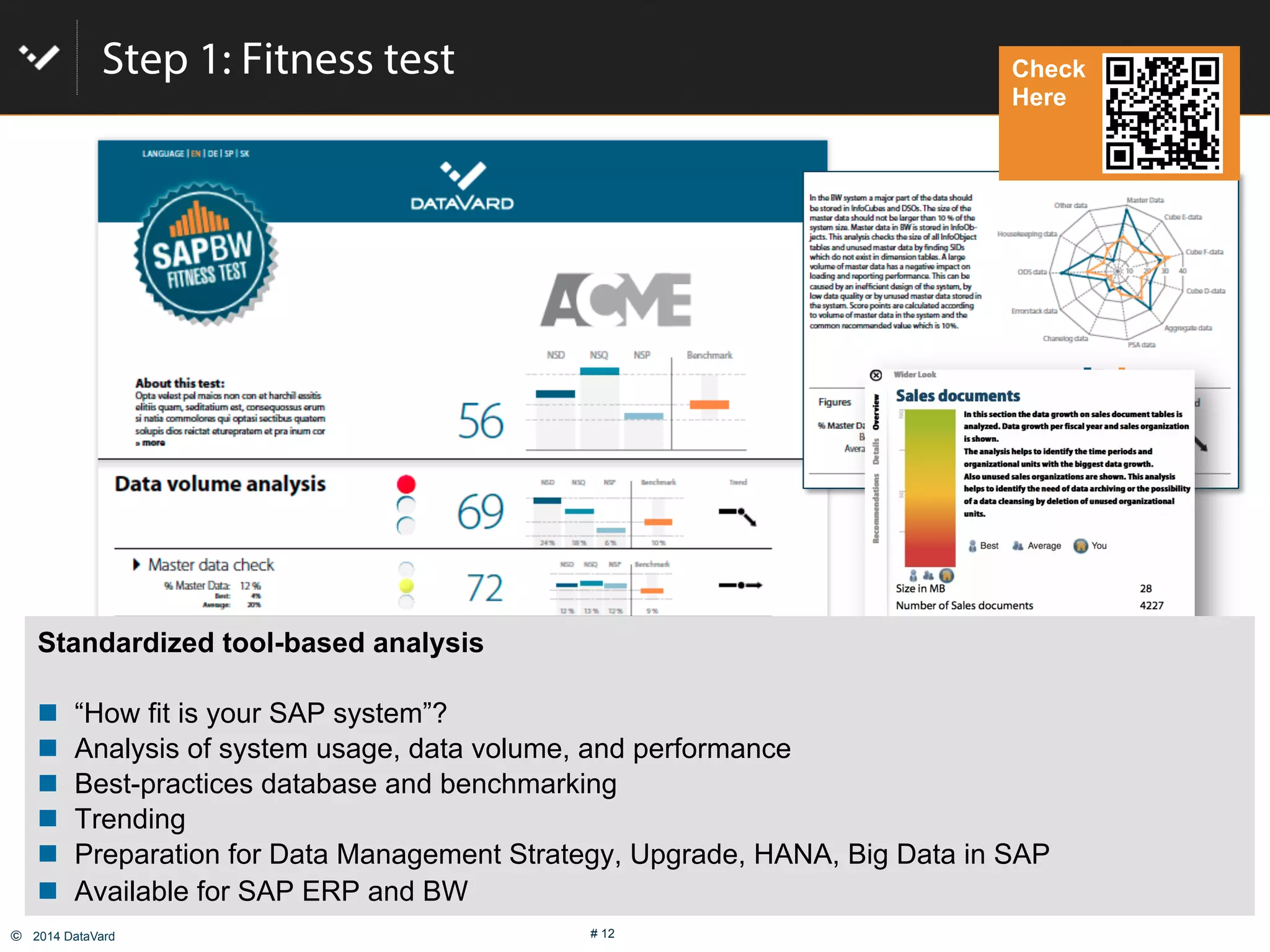 ©  2014 DataVard # 12
Step 1: Fitness test
Standardized tool-based analysis
#  “How fit is your SAP system”?
#  Analysis of system usage, data volume, and performance
#  Best-practices database and benchmarking
#  Trending
#  Preparation for Data Management Strategy, Upgrade, HANA, Big Data in SAP
#  Available for SAP ERP and BW
Check
Here
 