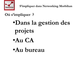 S’impliquer dans Networking Morbihan 
Où s’impliquer ? 
•Dans la gestion des 
projets 
•Au CA 
•Au bureau 
 