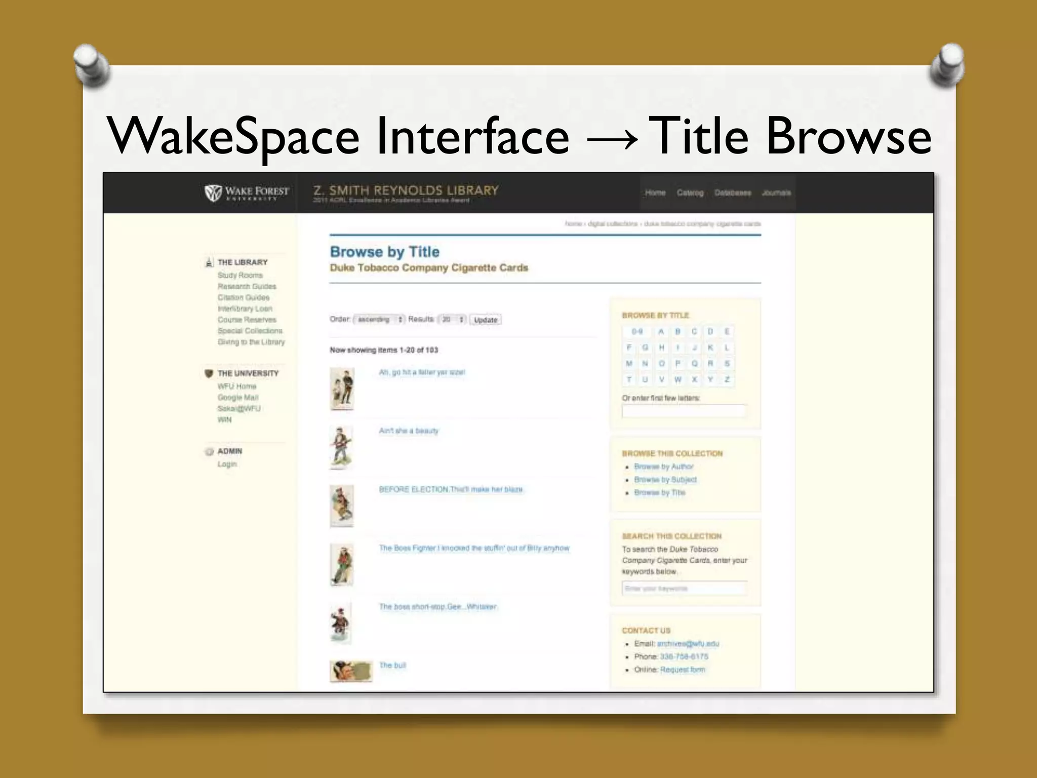 WakeSpace Interface →Title Browse
 