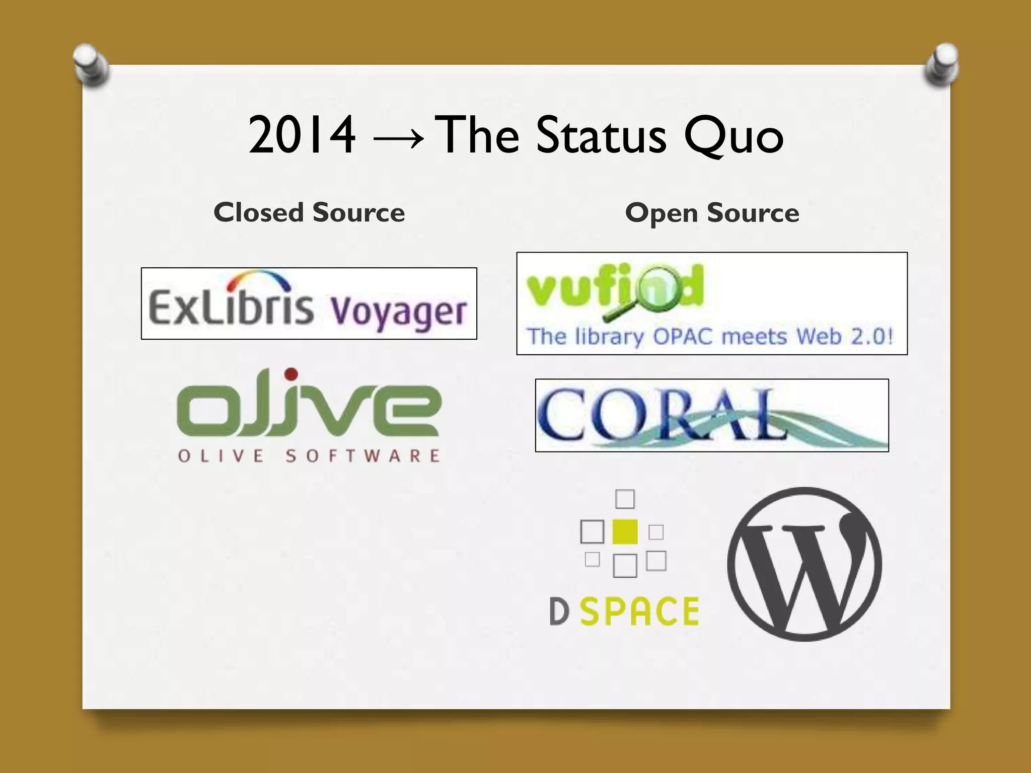 2014 →The Status Quo
Closed Source Open Source
 