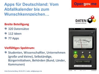 Anke Domscheit-Berg, 09.04.2014, mailto: adb@opengov.me
Apps für Deutschland: Vom
Abfallkalender bis zum
Wunschkennzeichen...
