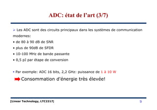 Les ADC sont des circuits principaux dans les systèmes de communication
modernes:
• de 80 à 90 dB de SNR
• plus de 90dB de SFDR
• 10-100 MHz de bande passante
ADC: état de l’art (3/7)ADC: état de l’art (3/7)
• 10-100 MHz de bande passante
• 0,5 pJ par étape de conversion
Par exemple: ADC 16 bits, 2,2 GHz: puissance de 1 à 10 W
Consommation d'énergie très élevée!
9[Linear Technology, LTC2217]
 