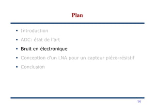 Introduction
ADC: état de l’art
Bruit en électronique
Conception d’un LNA pour un capteur piézo-résistif
PlanPlan
Conception d’un LNA pour un capteur piézo-résistif
Conclusion
14
 