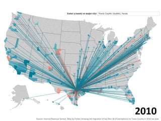 Source: Internal Revenue Service. Map by Forbes showing net migration of tax filers (# of exemptions) to Travis County in 2010 tax year.
2010
 