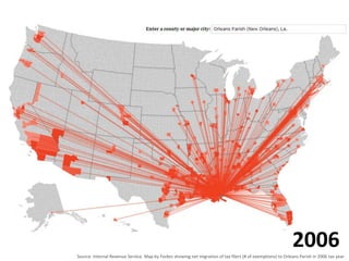 Source: Internal Revenue Service. Map by Forbes showing net migration of tax filers (# of exemptions) to Orleans Parish in 2006 tax year.
2006
 