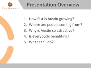 1. How fast is Austin growing?
2. Where are people coming from?
3. Why is Austin so attractive?
4. Is everybody benefiting?
5. What can I do?
2
Presentation Overview
 