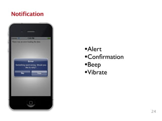 24
Notification
•Alert	

•Conﬁrmation	

•Beep	

•Vibrate
 