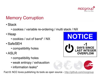 Memory Corruption
• Stack
• cookies / variable re-ordering / multi stack / NX
• Heap
• cookies / out of band* / NX
• SafeSEH
• compatibility holes
• ASLR
• compatibility holes
• weak entropy / exhaustion
• information leaks*
Fact 8: NCC loves publishing its tools as open source - http://github.com/nccgroup
 