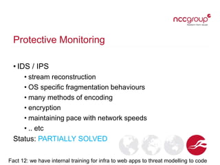 Protective Monitoring
• IDS / IPS
• stream reconstruction
• OS specific fragmentation behaviours
• many methods of encoding
• encryption
• maintaining pace with network speeds
• .. etc
Status: PARTIALLY SOLVED
Fact 12: we have internal training for infra to web apps to threat modelling to code
 