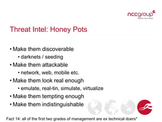 Threat Intel: Honey Pots
• Make them discoverable
• darknets / seeding
• Make them attackable
• network, web, mobile etc.
• Make them look real enough
• emulate, real-tin, simulate, virtualize
• Make them tempting enough
• Make them indistinguishable
Fact 14: all of the first two grades of management are ex technical doers*
 