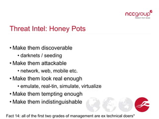 Threat Intel: Honey Pots
• Make them discoverable
• darknets / seeding
• Make them attackable
• network, web, mobile etc.
...