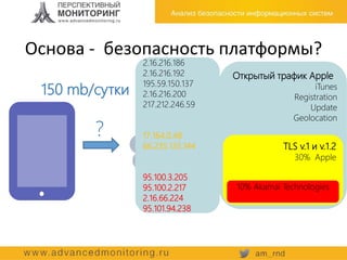 Internet
?
2.16.216.186
2.16.216.192
195.59.150.137
2.16.216.200
217.212.246.59
17.164.0.48
66.235.135.144
95.100.3.205
95.100.2.217
2.16.66.224
95.101.94.238
Открытый трафик Apple
iTunes
Registration
Update
Geolocation
150 mb/сутки
TLS v.1 и v.1.2
30% Apple
10% Akamai Technologies
Основа - безопасность платформы?
 