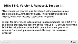 “The consensus content was developed using an open source
project called SCAP Security Guide. The project’s website is
https://fedorahosted.org/scap-security-guide/.
Except for differences in formatting to accommodate the DISA STIG
publishing process, the content of the RHEL6 STIG should mirror the
SCAP Security Guide content with only minor divergences as
updates from multiple sources work through the consensus
process”
DISA STIG, Version 1, Release 2, Section 1.1:
 