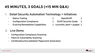 45 MINUTES, 3 GOALS (+15 MIN Q&A)
1.  Detail Security Automation Technology + Initiatives
•  Native Tooling [ OpenSCAP ]
•  Conﬁguration Compliance [ SCAP Security Guide ]
•  Evolving Remediation Capabilities [ currently, bash + puppet ]
2.  Live Demo
•  Conﬁguration Compliance Scanning
•  Patch & Vulnerability Scanning
•  Certiﬁcation/Accreditation Paperwork Generation
 