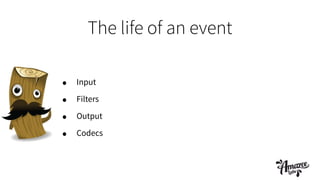 The life of an event
• Input
• Filters
• Output
• Codecs
 
