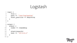 Logstash
1 input {!
2 file {!
3 path => "/var/log/syslog"!
4 start_position => beginning!
5 }!
6 }!
7 !
8 output {!
9 stdout {!
10 codec => rubydebug!
11 }!
12 elasticsearch{!
13 host => "127.0.0.1"!
14 }!
15 }
 