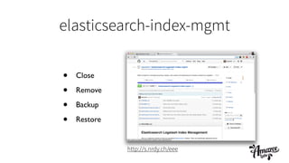 • Close	

• Remove	

• Backup	

• Restore
elasticsearch-index-mgmt
http://s.nrdy.ch/eee
 