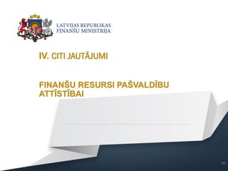 IV. CITI JAUTĀJUMI
40
FINANŠU RESURSI PAŠVALDĪBU
ATTĪSTĪBAI
 