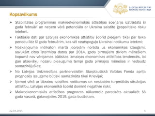 22.04.2014 5
 Stabilitātes programmas makroekonomiskās attīstības scenārijs izstrādāts šī
gada februārī un neņem vērā potenciālo ar Ukrainu saistīto ģeopolitisko risku
ietekmi.
 Faktiskie dati par Latvijas ekonomikas attīstību šobrīd pieejami tikai par laika
periodu līdz šī gada februārim, kas vēl neatspoguļo Ukrainai notikumu ietekmi;
 Noskaņojuma indikatori martā joprojām norāda uz ekonomikas izaugsmi,
savukārt citos īstermiņa datos par 2014. gada pirmajiem diviem mēnešiem
kopumā nav vērojamas būtiskas izmaiņas ekonomikas attīstības tendencēs, lai
gan atsevišķu nozaru pieauguma tempi gada pirmajos mēnešos ir nedaudz
samazinājušies;
 No Latvijas tirdzniecības partnervalstīm Starptautiskā Valūtas Fonda aprīļa
prognozēs izaugsme būtiski samazināta tikai Krievijai;
 Ņemot vērā ar Ukrainu saistītos notikumus un neskaidro turpmākās situācijas
attīstību, Latvijas ekonomikā šobrīd dominē negatīvie riski;
 Makroekonomiskās attīstības prognozes nākamreiz paredzēts aktualizēt šā
gada vasarā, gatavojoties 2015. gada budžetam.
Kopsavilkums
 