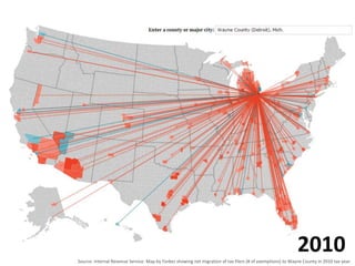 Source: Internal Revenue Service. Map by Forbes showing net migration of tax filers (# of exemptions) to Wayne County in 2010 tax year.
2010
 