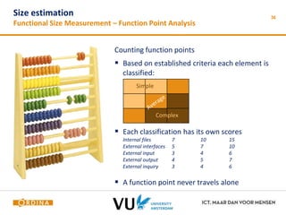 Size estimation 
Functional Size Measurement – Function Point Analysis 
Counting function points 
 Based on established criteria each element is 
classified: 
 Each classification has its own scores 
Internal files 7 10 15 
External interfaces 5 7 10 
External input 3 4 6 
External output 4 5 7 
External inquiry 3 4 6 
 A function point never travels alone 
36 
Simple 
Complex 
 
