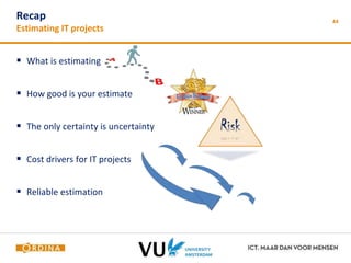 44 Recap 
Estimating IT projects 
 What is estimating 
 How good is your estimate 
 The only certainty is uncertainty 
 Cost drivers for IT projects 
 Reliable estimation 
 
