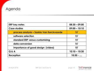 Agenda
ERP key notes 08:30 – 09:00
Case studies 09:00 – 10:10
process analysis – Saskia Van Kerckvoorde 15’
software selection 15’
standard ERP versus customizing 15’
data conversion 15’
importance of good design (video) 10’
Q & A 10:10 – 10:30
Reception 10:30 - …
24 April 2014 page 13ERP do’s and don’ts
 